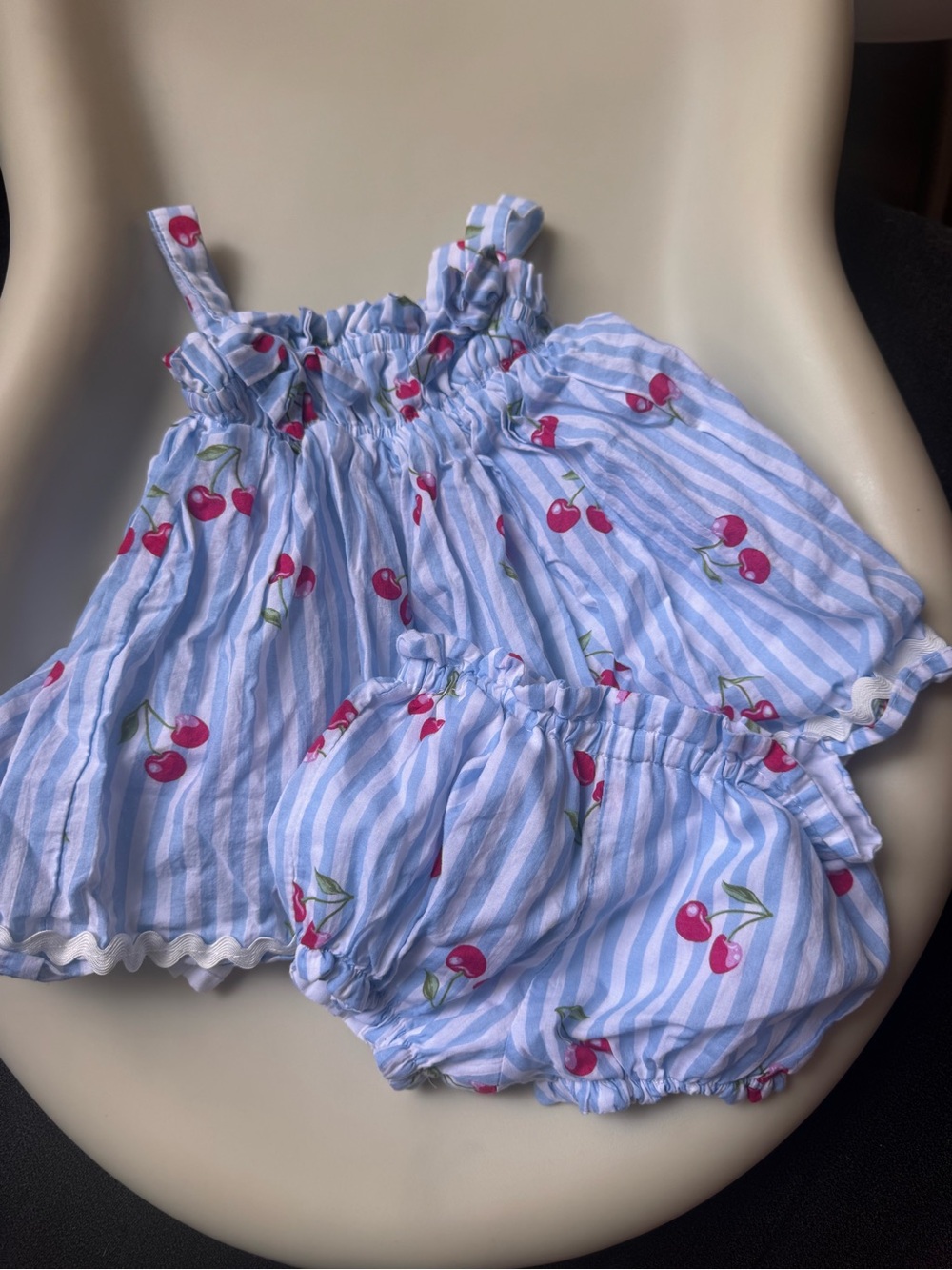 Blue Striped Cherry Toddler Dress & Bloomers